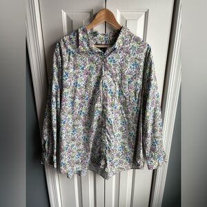 Lands' End Womens Long Sleeve White Floral Print Button Down Blouse Size 3X